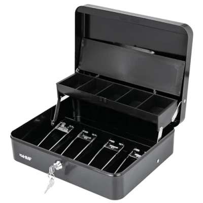 Afbeelding van HMF 15230 02 geldcassette afsluitbaar met munteninzetstuk en 4 vakken voor bankbiljetten klem, 30 x 24 9,5 cm, zwart