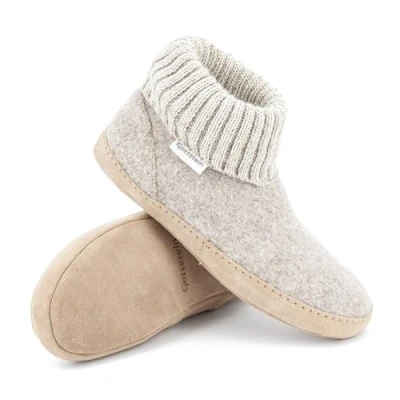 Afbeelding van Gottstein Dakota Pantoffels, hoge vilten pantoffels voor dames en heren, van 100% scheerwol met extra comfortabele leren zool elastische gebreide tailleband, beige, 43 EU