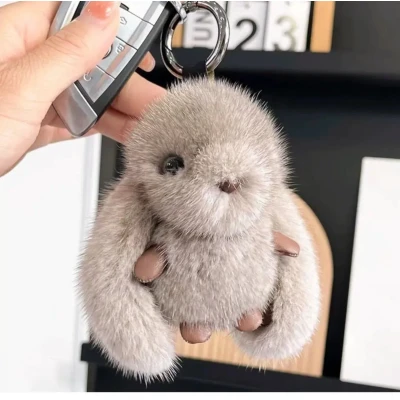 Afbeelding van Schattige pluchen konijn sleutelhanger ring tas hanger Grijs