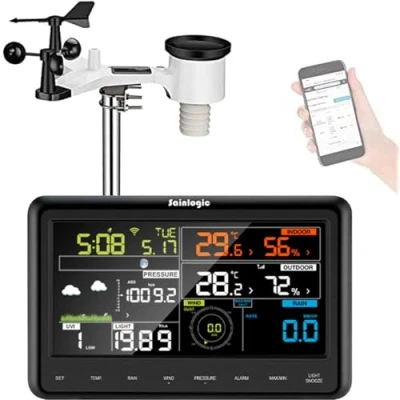 Afbeelding van Sainlogic Professioneel draadloos weerstation met buitensensor, regenmeter, weersvoorspelling, windmeter, kleurenbeeldscherm, Wunderground