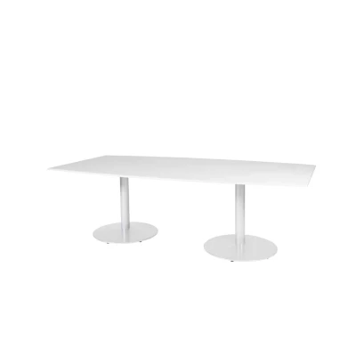 Afbeelding van Linesto 240x120cm tonvormige vergadertafel op vaste hoogte (74cm) met krijtwit 25mm blad en witte (RAL9010) trompetvoeten