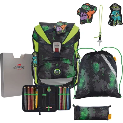 Afbeelding van DerDieDas Schooltas ErgoFlex Superlight Schulranzenset 5 delig Funny Fighter Zwart
