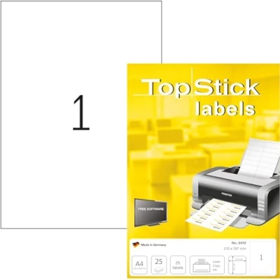 Afbeelding van TopStick 8410 universele etiketten A4 groot (210 x 297 mm, 25 velle, papier, mat) zelfklevend, bedrukbaar, permanente klevende adreslabels, voor printer, wit