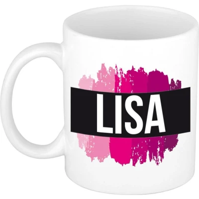 Afbeelding van Lisa Naam / voornaam kado beker mok roze verfstrepen Gepersonaliseerde met mokken