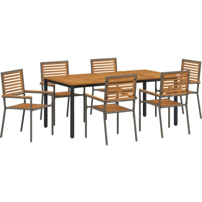 Afbeelding van vidaXL 7 delige Tuindining Set Grijs Poly Rattan Acacia, Stapelbare Tuinstoelen met Kussens 2 stuks Rattan, Tuintafel 180x90x75 cm Massief Acacia Hout en Metaal
