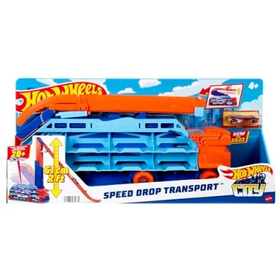 Afbeelding van ​Hot Wheels City Speed Drop Truck met 1 Hot auto, kan meer dan 20 voertuigen (schaal 1:64) vervoeren, verandert in vrije valbaan van 60 cm, cadeau voor kinderen vanaf 4 jaar, HDY92