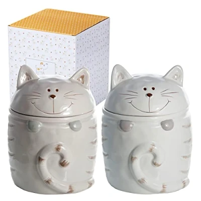Afbeelding van SPOTTED DOG GIFT COMPANY Keramische Voorraadpotten met Deksels, Set van 2 Keuken Opbergpotten Kattenmotief, Leuke Keukenaccessoires en Cadeaus voor Kattenliefhebbers, Grijs Wit 500ml