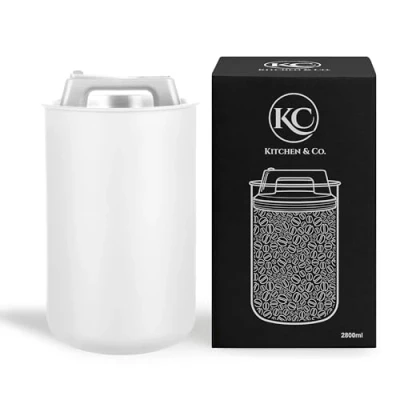Afbeelding van KC Kitchen &amp; Co. Koffieblik luchtdicht voor 1 kg koffiebonen met vacuümdeksel, koffie, thee, roestvrijstalen bewaarblik, aromasluiting, voorraadblik 1000 g wit (2800 ml)
