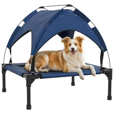 Afbeelding van PawHut Erhöhtes Hundebett mit Baldachin, Haustierbett, Outdoor Hundeliege Dach, Atmungsaktiv, für kleine und mittelgroße Hunde Dunkelblau Oxford 76 x 61 69,5 cm