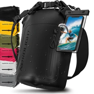Afbeelding van Nordlight Dry Bag Waterdichte Tas met Telefoonhoes + Roll Top, Schouderriem Drybag Rugzak Pakzak Packsack Duffeltas Wetbag Zwemmen Strand SUP Kanoën Zwart, 20 Liter
