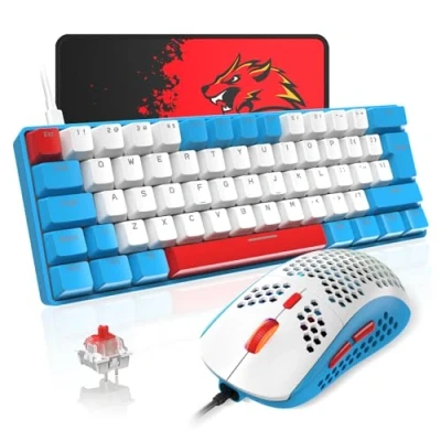 Afbeelding van T60 Bekabeld Gamingtoetsenbord en Muis Set, Mini 60% Compact Mechanisch Toetsenbord 62 Toetsen, 19 Regenboog LED licht, UK Layout + 6400 DPI PS4 Gaming Muismat voor PC, Mac Red Switch/Blauw