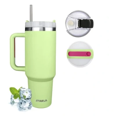 Afbeelding van Starla Thermosbeker met rietje en handvat, 1,2 l, groot, 2 deksels, lekvrij, roestvrijstalen isolatiebeker, koffiebeker, to go, waterbeker, drankbeker, reisbeker, drinkbeker handvat (lichtgroen)
