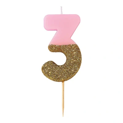 Afbeelding van Talking Tables Roze nummer 3 verjaardagskaars met gouden glitter Taarttopper decoratie Mooi, sprankelend voor kinderen, volwassenen, 30e verjaardagsfeestje, hoogte 8cm, 3&quot;, meerkleurig