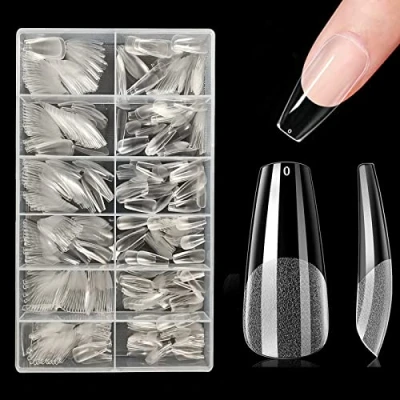 Afbeelding van 500 stuks valse nageltips, acryl kunstnagels, volledige cover nep coffin nageltips voor dames, 12 maten, halfgematteerd, lange sargvorm