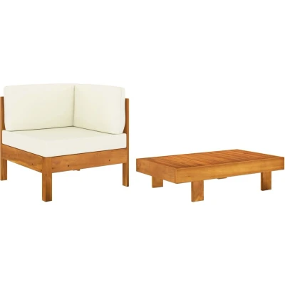 Afbeelding van Middenbank Met Crèmewitte Kussens Massief Acaciahout 1 / crème corner sofa + table