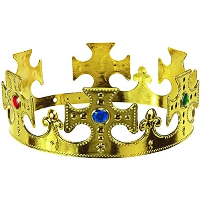 Afbeelding van Kroonkruis in goud koningskroon koninginnenkroon bezet met gekleurde robijnen het perfecte accessoire voor je koninklijke kostuum