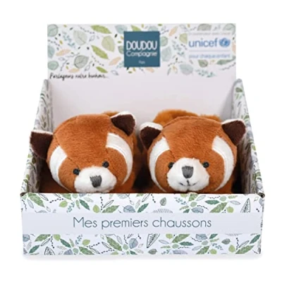 Afbeelding van Doudou et Compagnie Panda pantoffels rood UNICEF open doos geïntegreerde rammelaar cadeau idee voor geboorte meisjes en jongens van 0 tot 6 maanden DC4000