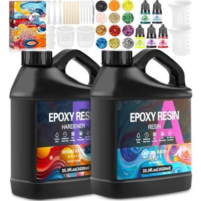 Afbeelding van BBLTIFF Epoxyhars, 2,04 l gietset, 1:1 verhouding, epoxyharsset voor beginners met verf, houten stok, lepel, wanten, maatbeker, pincet, glitterpoeder, handwerk, doe het zelf sieraden