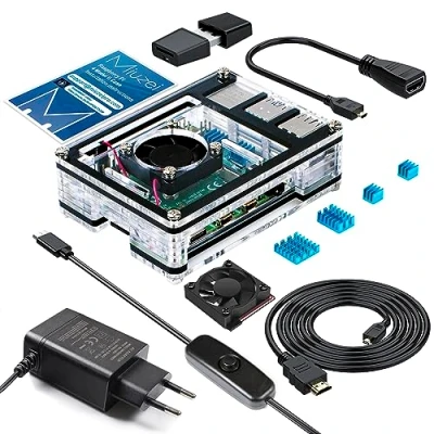 Afbeelding van Miuzie behuizing voor Raspberry Pi 4 met ventilator, 3A USB C voeding, 1.8M Micro HDMI kabel, naar adapterkabel, aluminium koellichaam, kaartlezer