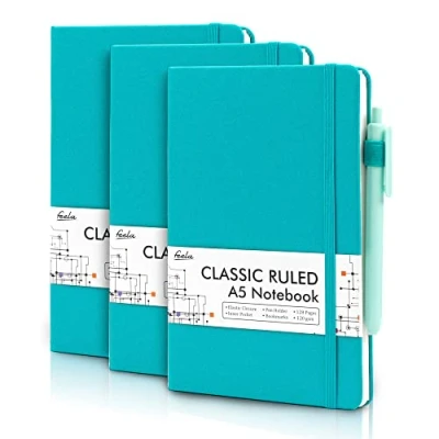 Afbeelding van feela A5 notitieboeken multipack, 3 stuks gelinieerde notitieblokken (120 g/m²), notitieboek met harde kaft en zwarte gelpennen voor werk, studie, dagboek, notities, 128 pagina&#039;s/pak, 21 x 13 cm,