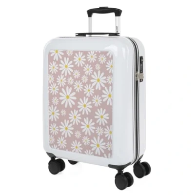 Afbeelding van SKPAT Middelgrote Koffer. Suitcase Medium Trolley Reiskoffer van SKPAT. Lichtgewicht Polycarbonaat Harde Schaal 4 Wielen Cijferslot, Wit Roze Madeliefjes