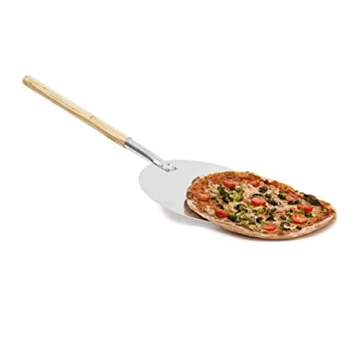Afbeelding van Relaxdays pizzaschep rond aluminium pizzaspatel broodschep hout pizza schep