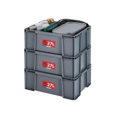 Afbeelding van SUNDIS Master Box, set van 3 opbergbakken, 27 l, gerecycled kunststof, robuust en versterkt, rechte wanden, stapelbaar combineerbaar, ideaal voor werkplaats, doe het zelf of transport