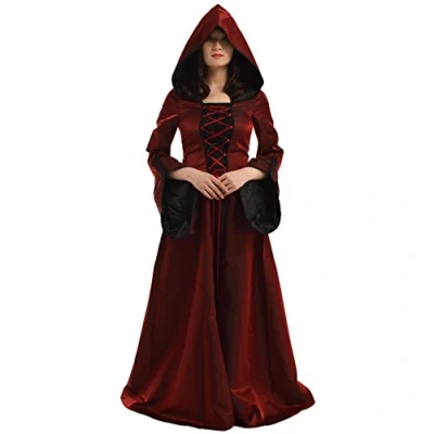 Afbeelding van BLESSUME Middeleeuwse renaissance jurk met capuchon voor dames, uitlopende mouw, cosplay kostuum, Bourgondy, S