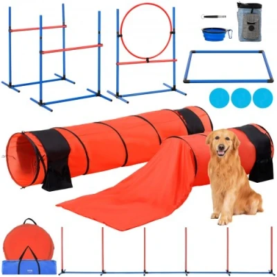 Afbeelding van VEVOR Agility trainingsuitrusting voor honden, 7 delige set, obstakelpad puppy&#039;s, in hoogte verstelbaar, 6 stangen, 2 tunnels, springring, pauzendoos, 3 frisbees, fluitje