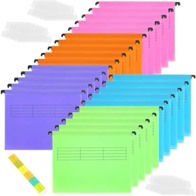 Afbeelding van MIVIDE 25 stuks hangmappen A4, plastic hangmappen, pvc, archiefkast met tabs voor kantoor, school, thuis, werk (5 kleuren)