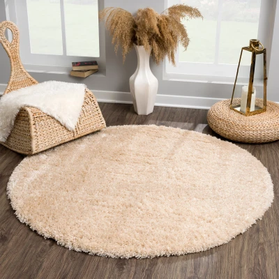 Afbeelding van Porto Soft Fluffy Vloerkleed Hoogpolig Effen Beige 150 cm rond