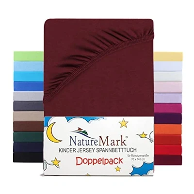 Afbeelding van NatureMark Set van 2 hoeslakens voor kinderen, jersey, 100% katoen, babybed en kinderbed, 70 x 140 cm, bordeauxrood