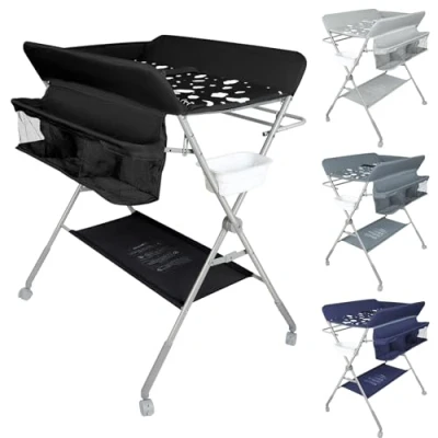 Afbeelding van Baby luiertafel, mobiele commode, verstelbare hoogte draagbare pasgeboren verschoontafel met wielen, opvouwbare luier verzorgingstafel veiligheidsgordel 80 * 58 90 cm zwart