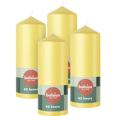 Afbeelding van Bolsius Gladde stompkaarsen geel 4 stuks 15 x 6 cm decoratieve huishoudelijke kaarsen lengte brandduur 42 uur ongeparfumeerde natuurlijke plantaardige was zonder palmolie