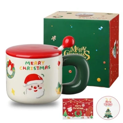 Afbeelding van DONGSHANGIFT Kerst Keramiek Mok met Deksel en Lepel 12oz/380ml Leuke Koffie Cup Mokken Gift voor Vrouwen Mannen Kinderen Box