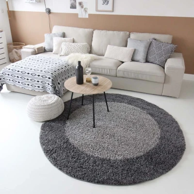 Afbeelding van Hoogpolig Vloerkleed Shaggy Trend Lijstmotief Rond Grijs 120 Cm