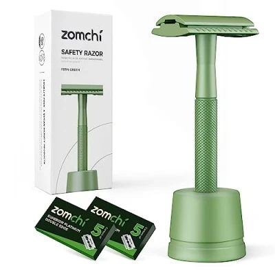 Afbeelding van ZOMCHI veiligheidsscheermes voor vrouwen, met een scheermesstandaard, scheermes vrouwen 10 messen, vrij van plastic (Fern Green Razor)
