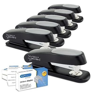 Afbeelding van Rapesco 1734 Business Pack: 6 Germ Savvy Antibacteriële ECO Sting Ray Nietmachines, 20 Vel Nietcapaciteit en Dozen 1000 x 24/6 mm Nietjes, Zwart