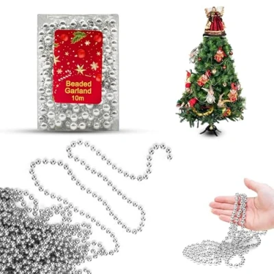 Afbeelding van Zilveren kerstboomkralen 10 m luxe onbreekbare kralenslinger voor kerstboomversieringen, thuis, raam, feest en bruiloftsdecoratie