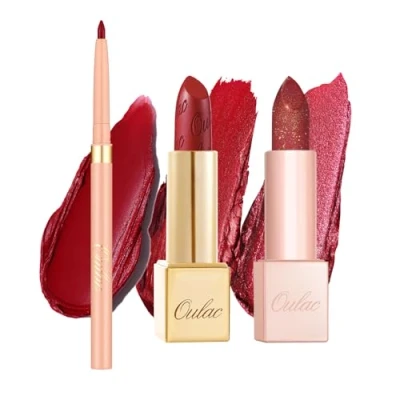 Afbeelding van Oulac Rode lippenstift en liplinerset, matte metallic afwerking, sterk gepigmenteerd hydraterende formule, glad korrelvrij, veganistisch, 3 stuks