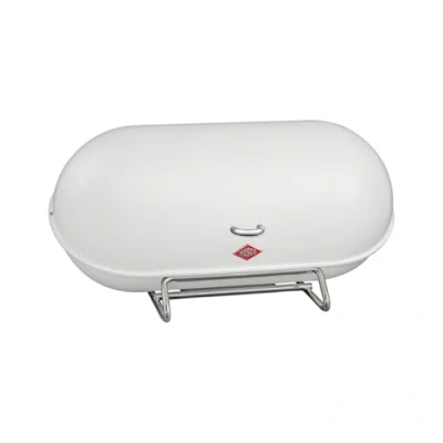 Afbeelding van WESCO Broodtrommel Breadboy met klappervrij zwenkdeksel in de kleur mat wit, gepoedercoat plaatstaal, ventilatiegaten en stabiele handgreep