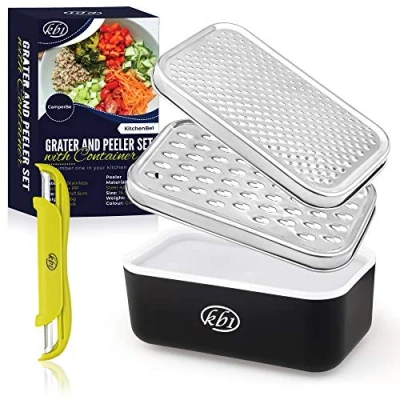 Afbeelding van Kaasrasp met container en deksel &amp; dunschiller set groentefruit multifunctionele roestvrijstalen keukengerei kit zwarte voedsel plastic opslag stabiele doos handhakmolen raspen dunschillers