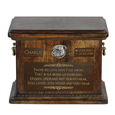 Afbeelding van Art Dog Pet Memorial Urn Handgemaakt koud gegoten bronzen portret op berkenbasis Gepersonaliseerde hondencrematiedoos 8,3x11,4x8,7 Engelse bulldog derde model