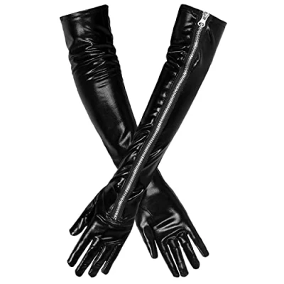 Afbeelding van Boland Opera Kinky, 03162, handschoenen, 1 paar, zwarte armwarmers, lederlook, ritssluiting, kostuum, carnaval, themafeest, Halloween