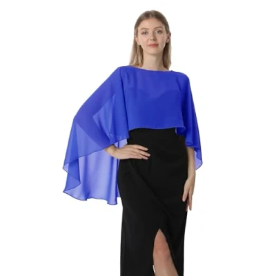Afbeelding van Hotshawl Capelets voor vrouwen, chiffon cape, sjaals en wraps avondjurk, bruiloft, cover up., Royal Blauw, Eén Maat