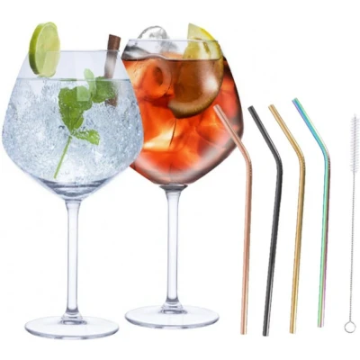 Afbeelding van Set van 4x Gin Tonic Cocktailglazen met gekleurde rietjes RVS