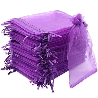 Afbeelding van Leeyunbee 100 stuks paarse zakjes van organza, 10 x 15 cm, zakje cadeauzakje, bruiloft, snoepzakjes voor festivals en bruiloften, satijnen trekkoord