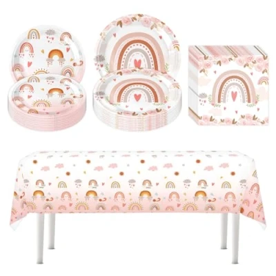 Afbeelding van 41 Stuks Verjaardag Serviesset Regenboog Decoratie Feest Servies Papieren Borden Set Kind Inclusief 10 7 Inch Dinerborden, 9 20 Servetten En 1 Tafelkleed