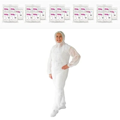 Afbeelding van ARNOMED PP wegwerp beschermpak wit, 50x full body pak maat L (130x171cm), verf &amp; lakpak met capuchon, witte werkoverall voor mannen en vrouwen, latexvrije beschermende kleding.
