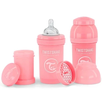 Afbeelding van Twistshake 2x Antikoliek Babyflessen Met Melkpoedercontainer En Mixer 180ml Trage Doorstroom Siliconen Speen BPA Vrije Babymelkfles 0+ Maanden Roos